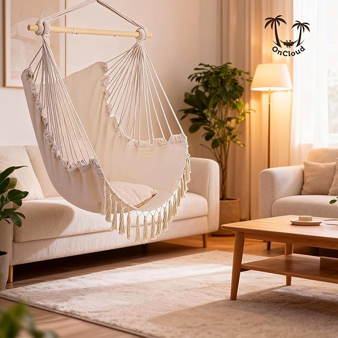 ONCLOUD Hammock Chair Hanging Rope Swing, Load Capacity Up to 550 LBS Macrame Hammock Swing Seat with Two Cushions, Hammock Seats with Portable Steel Spreader Bar for Indoor/Outdoor, Beige