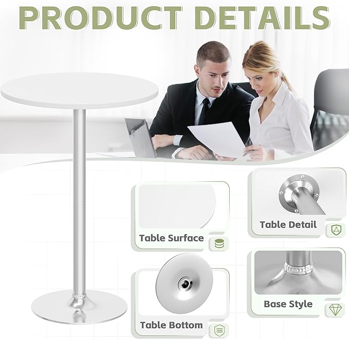 Flamaker Round Bistro Pub Table Modern Style Metal Base MDF Top Cocktail Bar Table Counter Bar Height for Pub, Dining Room, Party (4, White-Silver)