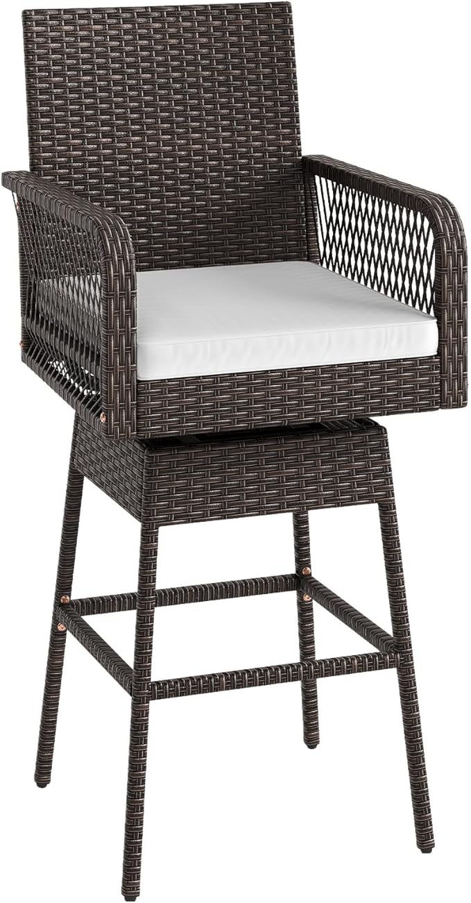 ORALNER Outdoor Wicker Swivel Bar Stools Set, 29" Bar Height Patio Rattan Dining Chair with Armrests, Footrest & Seat Cushion, Metal Frame, for Backyard, Porch, Poolside, Deck (1, White)