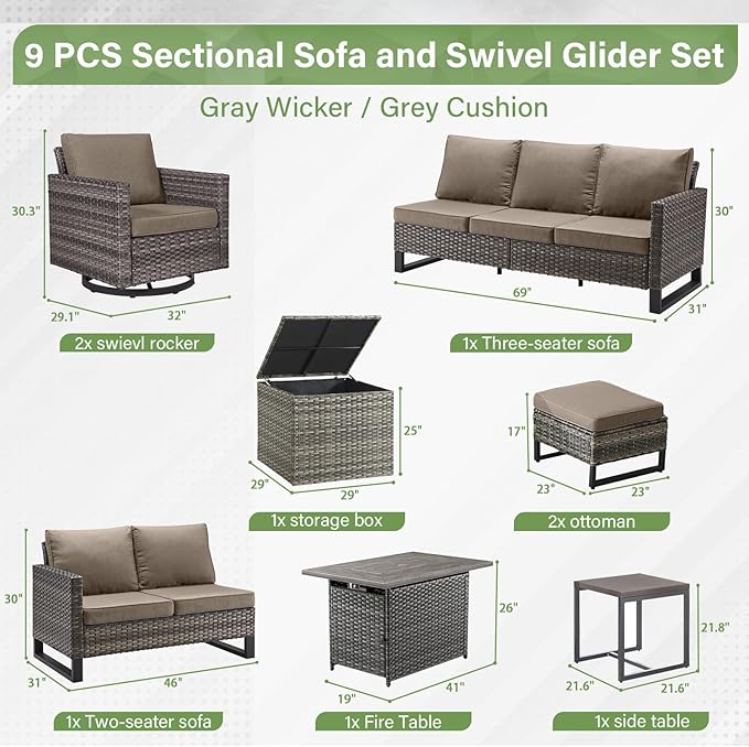 Belord Outdoor Sectional Sofa with 41" Propane Fire Pit Table - 9 Piece Patio Conversation Set with Storage Box and Swivel Rocker Chairs All-Weather PE Wicker Furniture Set Gray