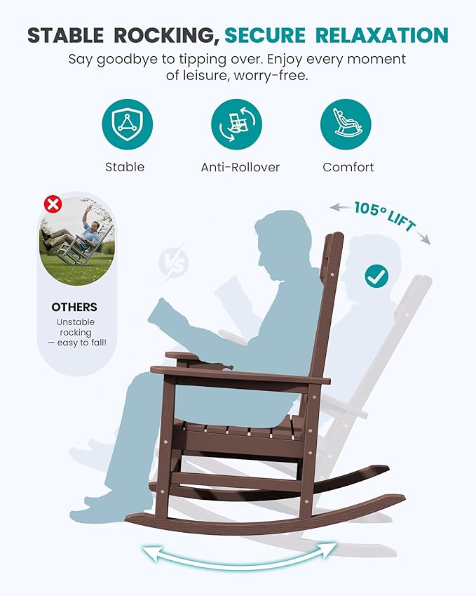 SERWALL HDPE Outdoor Rocking Chair Set of 2, Oversized Patio Rocking Chairs, All-Weather Porch Rockers for Adults, Coffee