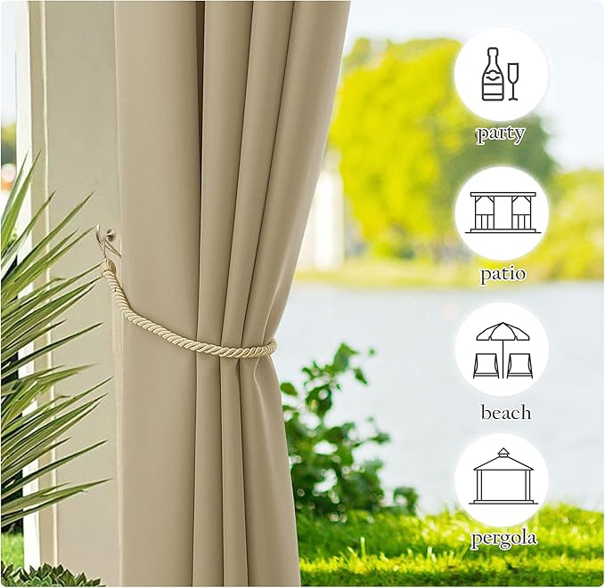 NICETOWN 2 Panels Outdoor Curtains Tab Top Extra Long Drapery for Pool, Waterproof Thermal Insulated Privacy Inside Outside Window Treatments for Patio/Pavilion, 55 x 108-Inch, Taupe