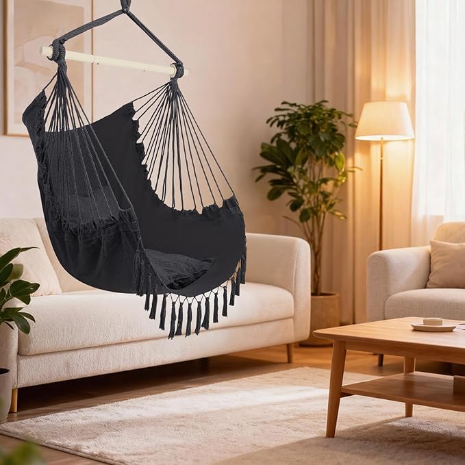 ONCLOUD Hammock Chair Hanging Rope Swing, Load Capacity Up to 550 LBS Macrame Hammock Swing Seat with Two Cushions, Hammock Seats with Portable Steel Spreader Bar for Indoor/Outdoor, Dark Grey