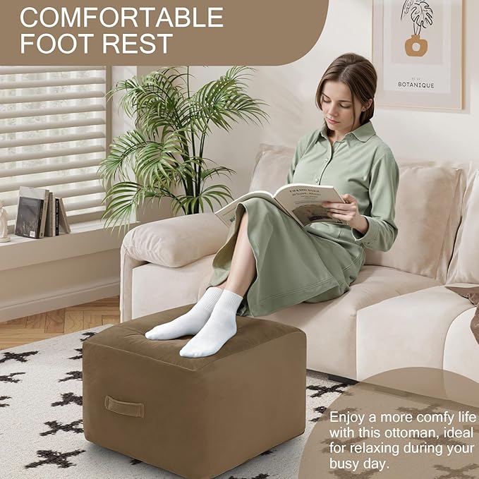 MeMoreCool Square Stuffed Pouf Ottoman Foot Rest, Floor Pouf Foot Stool with Foam Chunk Filling, Soft Stuffed Ottoman Footrest for Living Room, Light Coffee