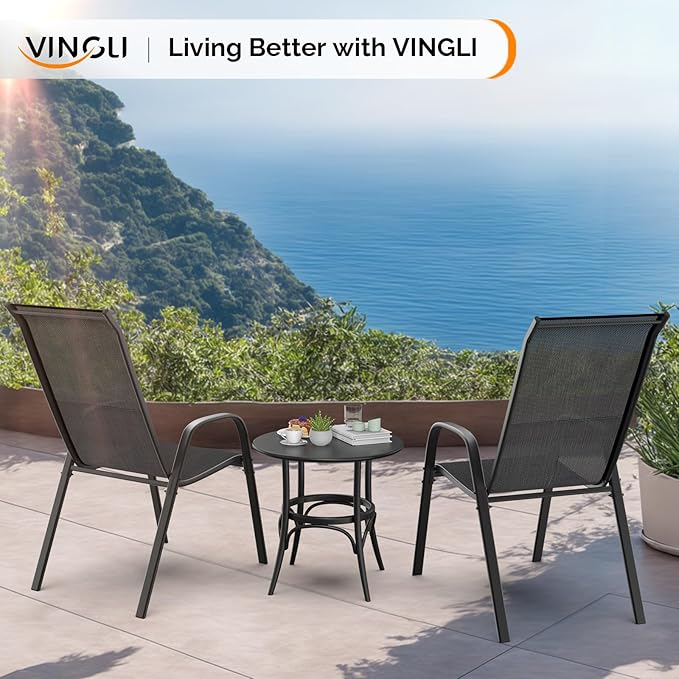 VINGLI Patio Chairs Set of 4 – Stackable Outdoor Dining Chairs with Comfortable Sling High Back Chairs and Armrests for Lawn, Poolside, Courtyard, Balcony, Garden, Black