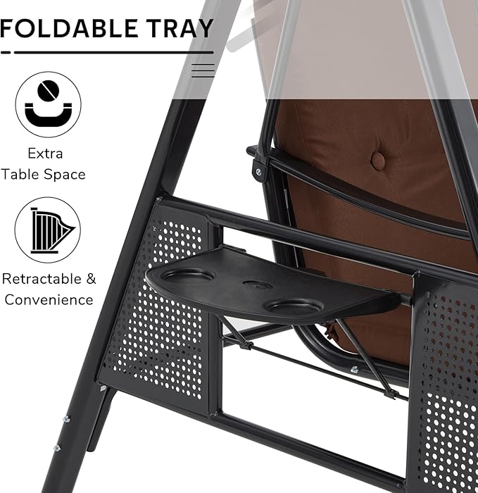U-MAX 3-Seat Porch Swing Chair Steel Frame, Patio Swing Chair with Stand and Removable Cushions, Outdoor Canopy Swing Chair for Outside, Backyard, Garden, Brown Cushion