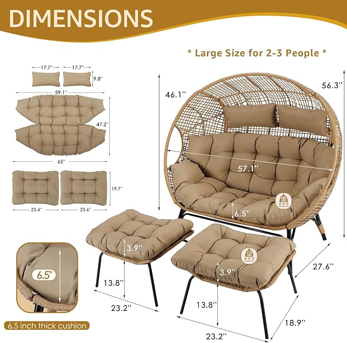 NICESOUL Double Egg Chair with Footstools & Cushions, Oversized Wicker Boho Chair Extra Large with Footrests Stationary 2 Person Loveseat Comfort Deep Seating for Indoor Outdoor