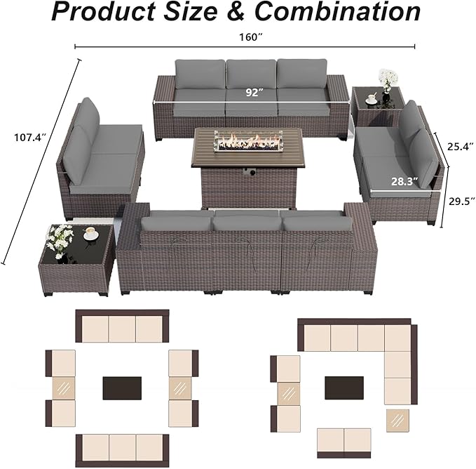 ALAULM 13 Pieces Outdoor Patio Furniture Set with Propane Fire Pit Table Outdoor Sectional Sofa Sets Patio Furniture 43" Gas Fire Pit Brown PE Rattan Patio Conversation Set w/10 Cushions (Grey)