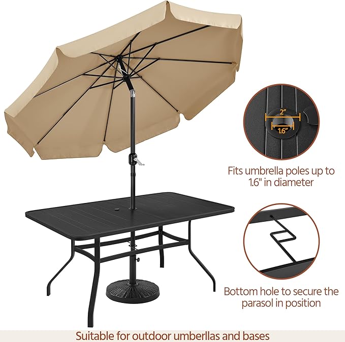 Yaheetech Outdoor Dining Table for 6 People, Rectangle Metal Slatted Patio Table with Umbrella Hole, Outdoor Furniture Garden Table for Garden Poolside, Backyard, Black