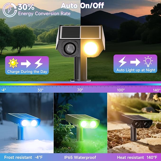 Color Changing Solar Spot Lights Outdoor with PC Light Guide Column, 8 Lighting Modes Christmas Outdoor Spotlight, IP65 Waterproof RGB Solar Spotlight for Garden Yard Tree Pathway, 4Pack