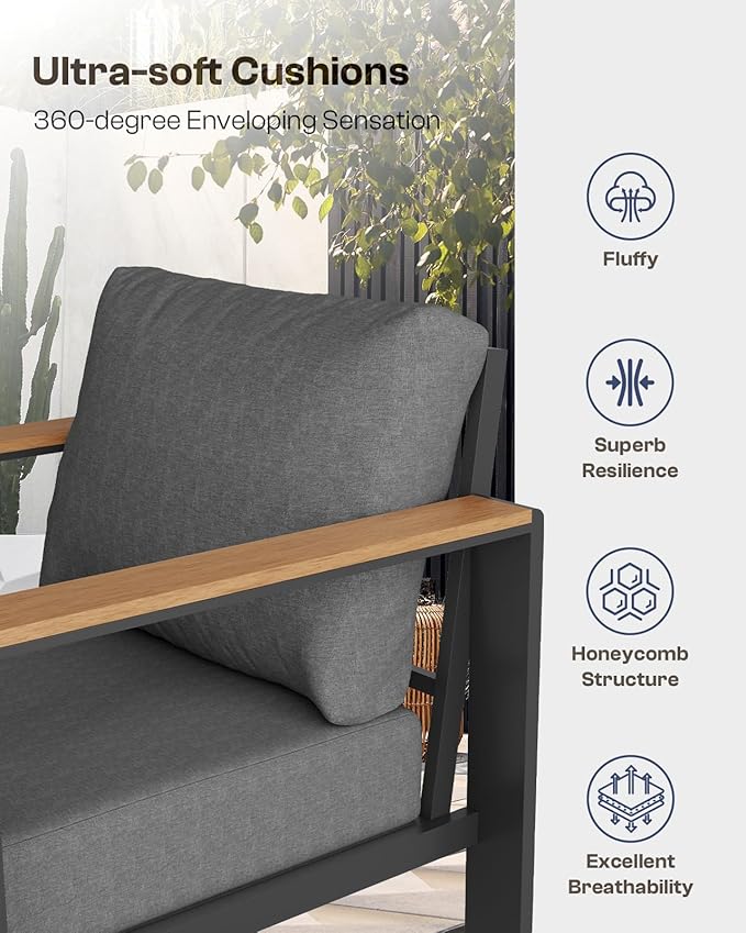 Aluminum Outdoor Patio Furniture Set with Coffee Table, 4 Piece Patio Conversation Sets with Washable Thick Cushions, Outdoor Sectional Furniture Set for Porch, Balcony, Deck, Yard, Graphite