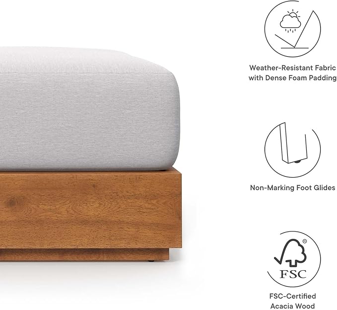 Modway Tahoe Acacia Wood Outdoor Ottoman in Natural Light Gray with Weather-Resistant Cushion - Ideal as Outdoor Footstool or Sunroom Furniture Accessory