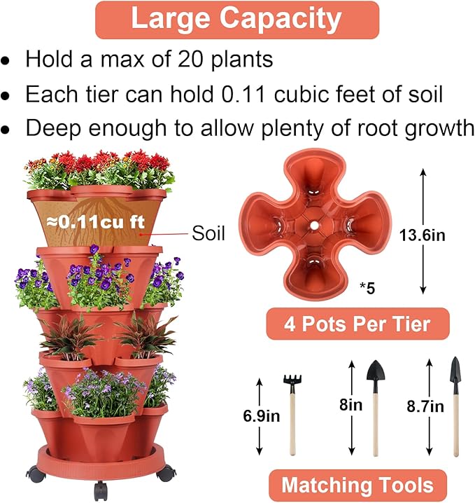 GameXcel Vertical Planter 5 Tier Stackable Planters Garden Planters Strawberry Herb Flower and Vegetable Planter Indoor Outdoor Gardening Pots with Removable Wheels and Tools 2-Pack