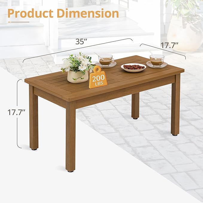 LUE BONA Outdoor Coffee Table Rectangle, HDPS Patio Coffee Tables for Outside, All Weather Patio Coffee Table with Slatted Tabletop for Deck, Garden, Balcony, Indoor or Outdoor Use, Teak