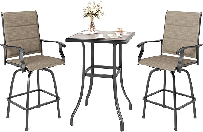 MFSTUDIO 3 Piece Outdoor Swivel Bar Set, Outdoor Bar Table and Chairs Set, Patio High Top Table and Chairs, Tall Bistro Set Patio Bar Height Table with 2 Chairs, Padded Textilene Stools for Outside