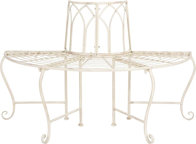 SAFAVIEH Outdoor Furniture Collection – Abia Antique White Distressed Wrought Iron 50-Inch Curved Tree Bench, Garden & Patio Seating (PAT5018A)