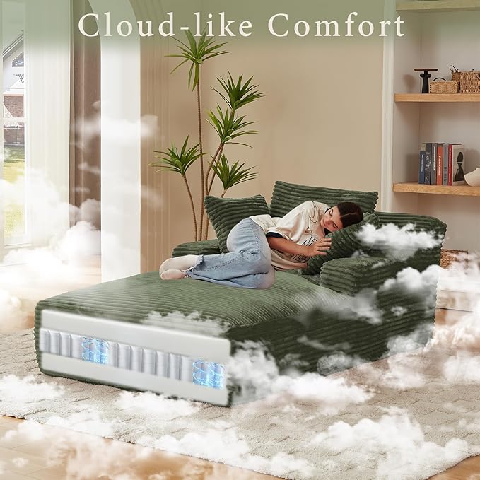 78.7" Chaise Lounge Chair Indoor, Oversized Boneless Couch Comfy Upholstered Sleeper Sofa Bed with 3 Pillows, Corduroy Cloud Reading Chair for Living Room No Assembly Required, Green