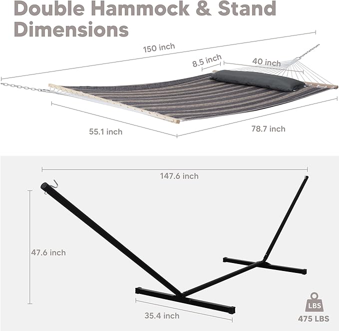 SUNCREAT Hammock with Stand 2 Person Heavy Duty, Freestanding Hammock with Spreader Bar, Soft Pillow, Gray Stripes