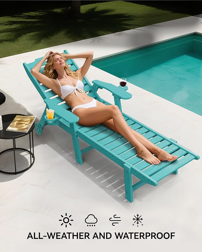Carauci Lounge Chair Outdoor Set of 4, HDPE Chaise Lounge with Wheels, 5-Position Adjustable Backrest & 2 Cup Holders Patio Lounge Chair, All-Weather Pool Sun Lounger for Poolside, Backyard, Lake Blue
