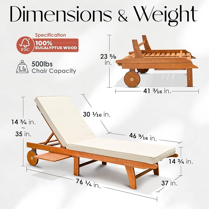 IDZO Upgraded Cushion Outdoor, 500lbs Capacity Patio Pool Loungers, Stackable and Foldable Design, Reclining Backrest, Federica Wood Chaise Lounge, Brown