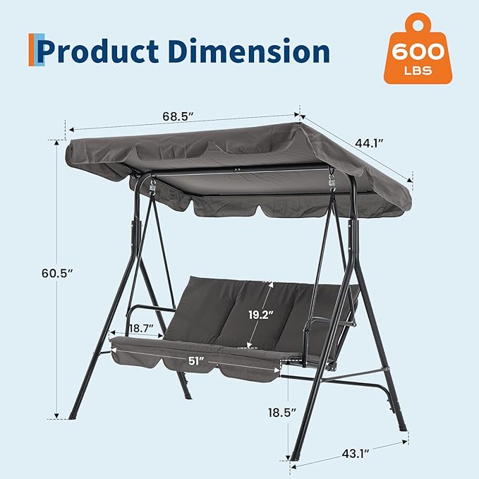 3 Person Porch Swing Chair,Outdoor Patio Swing Chair with Adjustable Canopy and Armrests,Breathable Fabric Seat & Backrest,Outdoor Swing for Backyard, Garden, 600 Lbs Max Load