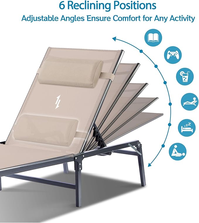 2 Pack Foldable Chaise Lounge Chair with Cup Holder, Assemble-Free Outdoor Lounge Chair with Detachable Pillow and 6 Adjustable Backrest, Patio Lounge Chair for Outside Poolside Beach Pool, Khaki