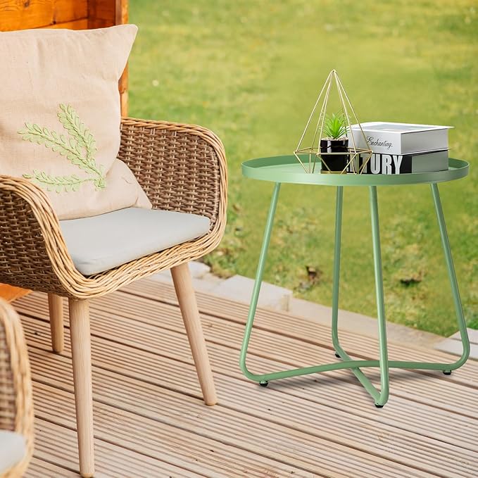 danpinera Outdoor Side Tables, Weather Resistant Steel Patio Side Table, Small Round Outdoor End Table Metal Side Table for Patio Yard Balcony Garden Bedside Green, Set of 2