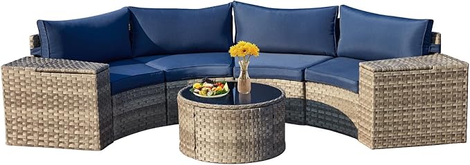 ECOTOUGE 7 Piece Outdoor Half Moon Furniture, Wicker Patio Sectional Conversation Set with 2 Storage Armrests and Circle Glass Table, Gray Rattan Curved Sofa for Garden, Balcony and Back Yard (Blue)