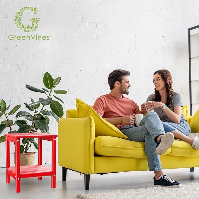 GREENVINES Adirondack-Outdoor-Side-Table | Set of 2 | 14 x 13 Inches | HDPE Plastic | All Weather | Red | Outside End Tables | Storage Shelf | for Patio Porch Backyard Indoor