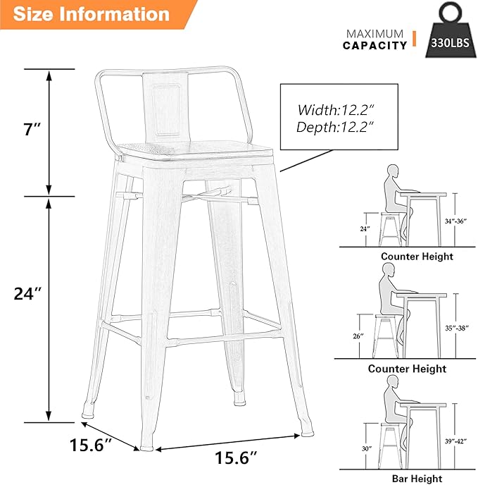 Yongchuang 24" Metal Barstools Set of 4 Counter Bar Stools with Wood Top Low Back Matte Black