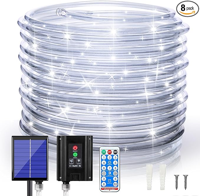 ANJAYLIA Solar Outdoor Rope Lights, 66FT 200 LED Solar Powered Rope Lights Outdoor, 8 Modes Timer Remote String Light Rope Solar Lights Outdoor Waterproof for Garden Decor, White