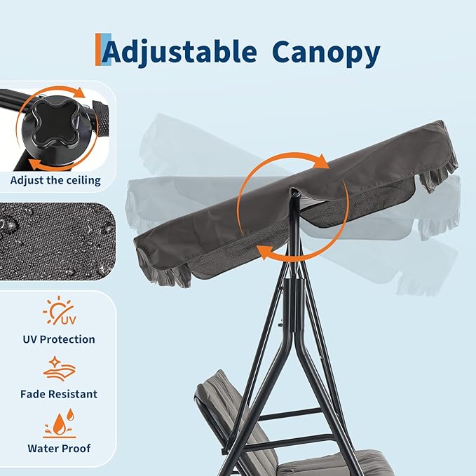 3 Person Porch Swing Chair,Outdoor Patio Swing Chair with Adjustable Canopy and Armrests,Breathable Fabric Seat & Backrest,Outdoor Swing for Backyard, Garden, 600 Lbs Max Load