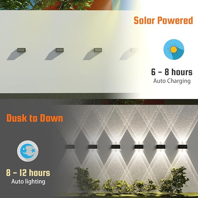 2-Pack Solar Fence Lights, Up & Down Lighting, 50LM/25LM Dual Brightness, 4 Color Modes, IP65 Waterproof, 1200mAh Battery, Screw/Adhesive Mount for Garden Wall Path Deck