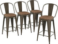 Yongqiang 30 inch Metal Bar Stools Set of 4 Bar Height Stools Kitchen Island Barstools Modern Farmhouse High Back Bar Chairs with Large Wooden Seat Rusty