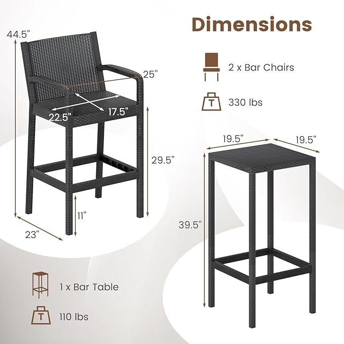 Tangkula 3 Pieces Patio Bar Set, Oudoor Curved Heavy Duty Bar Chairs and Square Table for 2, for Garden, Balcony, Poolside, Black