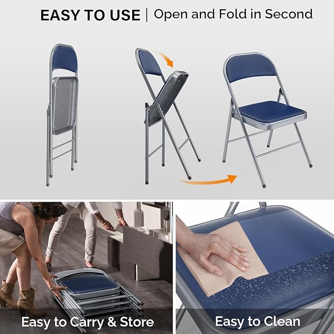 VINGLI 6 Pack Folding Chairs with Padded Seats, Metal Frame with Pu Leather Seat & Back, Capacity 350 lbs, Blue