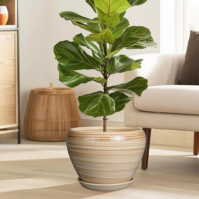 Ceramic Pot for Plant 10 Inch - Planter for Outdoor Plants Indoor Plant Pot with Drainage Hole Large Planter Round Flower Pot for House Patio Garden Yellow