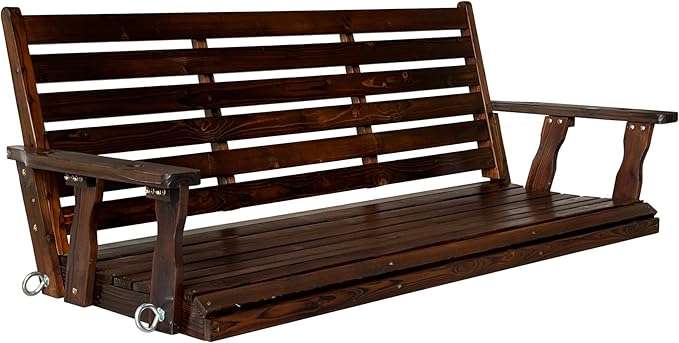 Wooden Porch Swing, Ergonomic Seat, Bench Swing with Hanging Chains and 7mm Springs, Heavy Duty 880 LBS, for Outdoor Patio Garden Yard (Dark Brown, 3-Seater Extra Large)