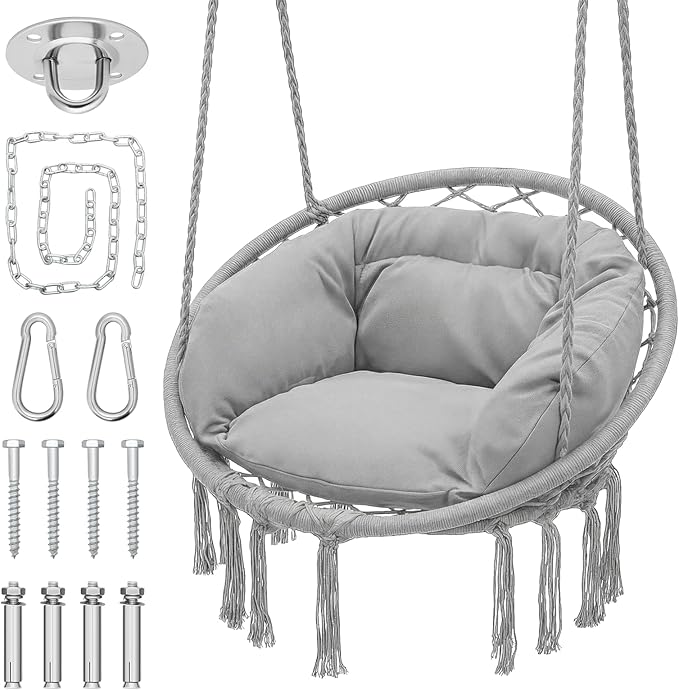 Monibloom Hanging Hammock Chair with Full Cushion, Adults Indoor Hammock Swing with Max 350 Lbs Capacity, Outdoor Macrame Hanging Chair with Boho Tassels, Home Accent Furniture Chair Swing, Grey