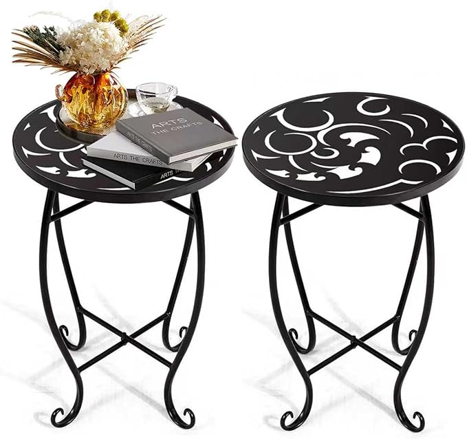 2 Pack 15 Inch Tall Plant Stands Outdoor Indoor, Metal Side Tables for Patio, Weather Resistant Flower Pot Racks with Swirl Pattern, Black End Table Set for Garden Balcony