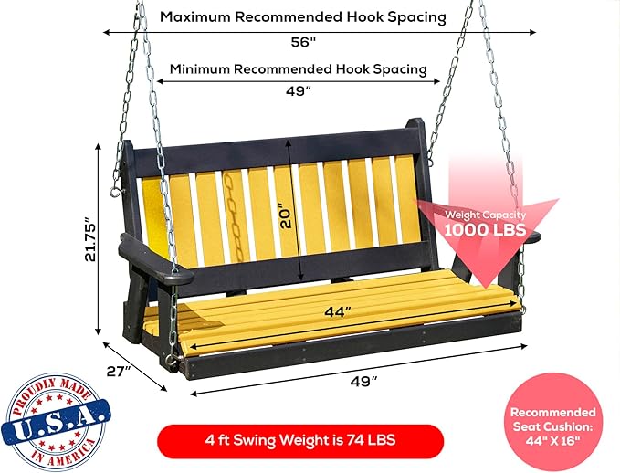 Poly Lumber Wood 4FT Mission Porch Swing Amish Craftsmandship Made in USA HDPE with No Wood fibers 1000 lbs Limit. Stainless Steel Hardware.Signature Design for Patio Outdoor Backyard Garden Park