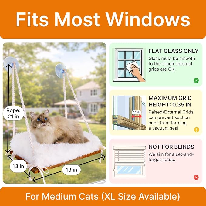 Cat Hammock with Industrial-Grade Suction Cups - Solid Pine Wood Seat, Soft Cushion - 42 lb Capacity