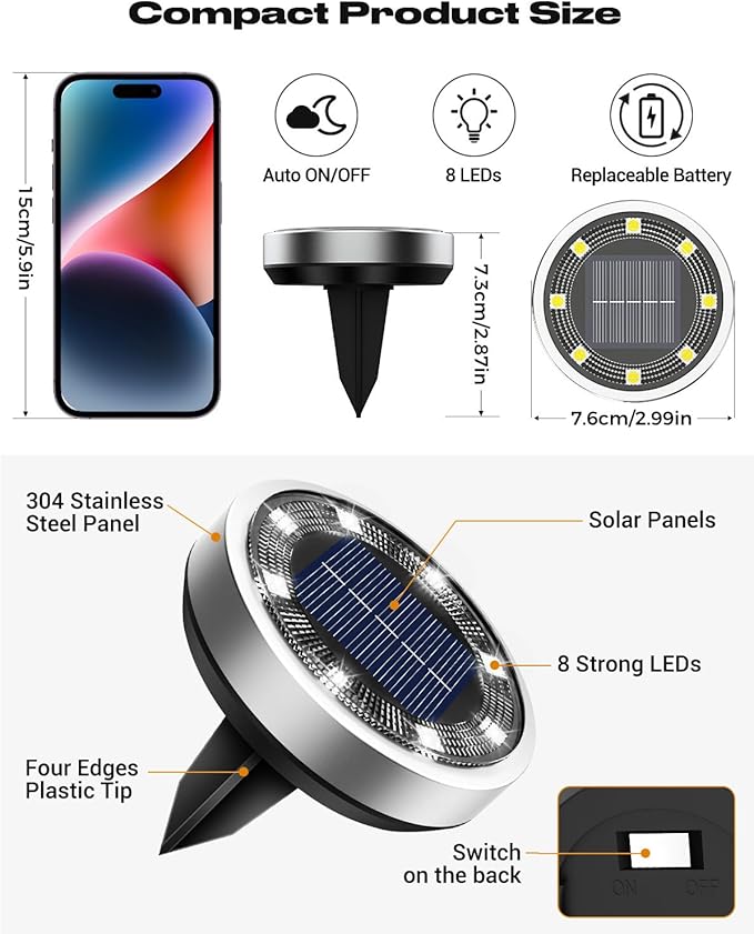 btfarm 6 Pack Solar Lights Outdoor, 8 LED Solar Ground Lights IP65 Waterproof Flat Solar Disc Light, Pathway Lights for Garden Lawn Patio Yard Path Landscape, Cool White
