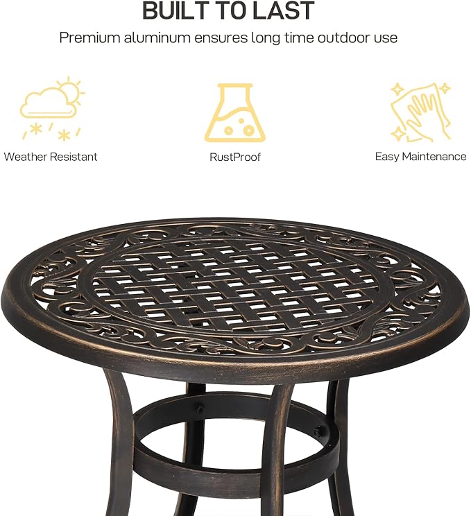 VINGLI 24” Cast Aluminum Outdoor Side Table, All Weather Round Patio Coffee Table Porch Table Bistro Table End Table Bronze 24'' Round Table