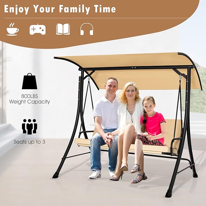 Tangkula 3 Person Porch Swing, Outdoor Swing with Removable Cushions, Solid Steel Structure, Patio Swing with Adjustable Canopy for Garden, Backyard, Balcony, Poolside Beige