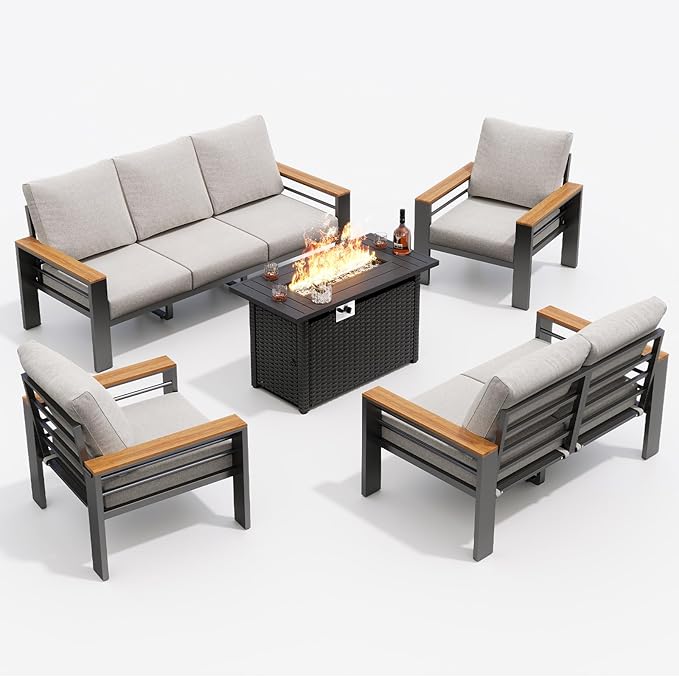 Aoxun Aluminum Outdoor Patio Furniture Set, 8-piece Outdoor Sectional with 44'' Propane Gas Firepit Table, Patio Conversation Sets with Upgraded Armrests and Cushions for Backyard, Garden and Poolside