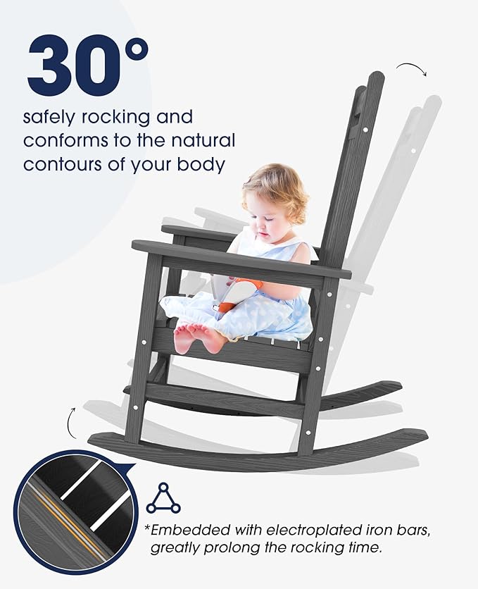 KINGYES Oversized Outdoor Rocking Chair Set of 8, All-Weather Patio Rocking Chairs for Porch, HDPE Outdoor Patio Rockers with High Back & Wide Seat for Garden, Lawn, Gray