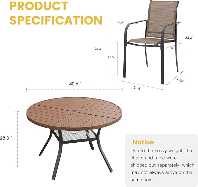 VICLLAX Patio Table and Chair Set of 4, All Weather Metal Round Outdoor Dining Furniture Set-40.6" Round Outdoor Table and Chairs, Walnut Wood Grain Tabletop