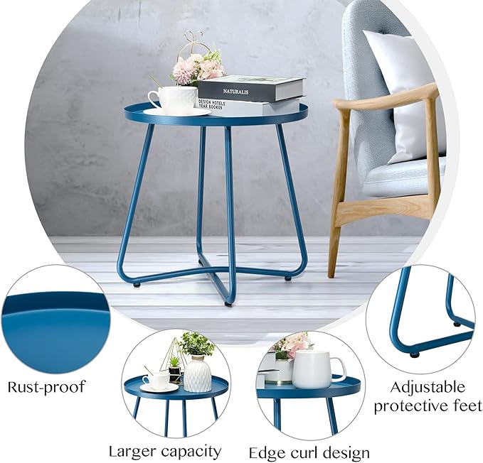 danpinera Outdoor Side Tables, Weather Resistant Steel Patio Side Table, Small Round Outdoor End Table Metal Side Table for Patio Yard Balcony Garden Bedside (Blue)