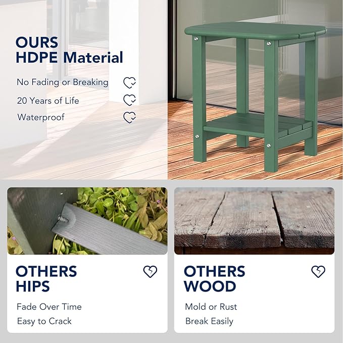 nalone Adirondack Side Table 16.5" Outdoor Side Table HDPE Plastic Double Adirondack End Table Small Table for Patio (Green)